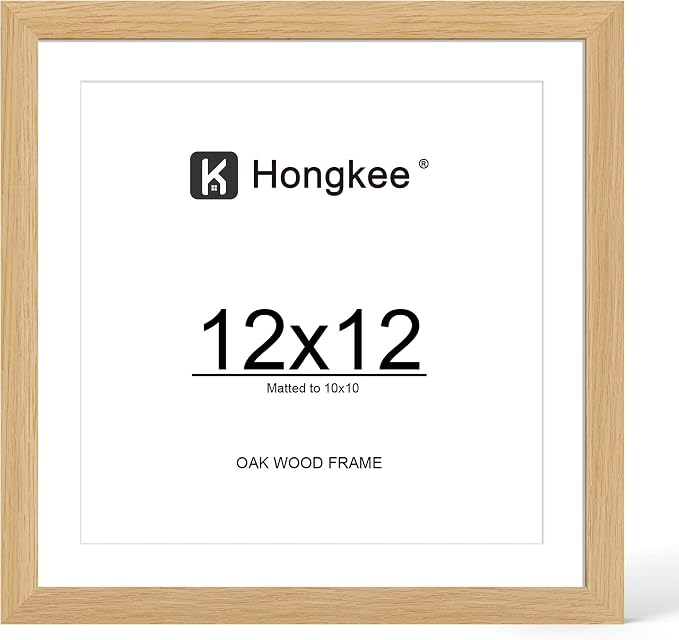 Hongkee 12x12 Oak Wood Picture Frame 1 Pack(Matted 10x10), Real Glass Cover | Natural, 10 x 10 Solid Wood Frame for Wall or Tabletop Display - Includes Easel Back, Vertical Hang - Ideal for Home, Office