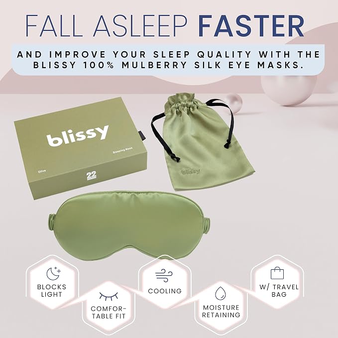 Blissy Silk Sleep Mask - Eye Sleeping Mask for Women & Men for Total Blackout - 100% Pure Mulberry Silk, 22 Momme 6a Fibers - Blindfold Sleep Mask Side Sleeper Eye Cover (Olive)