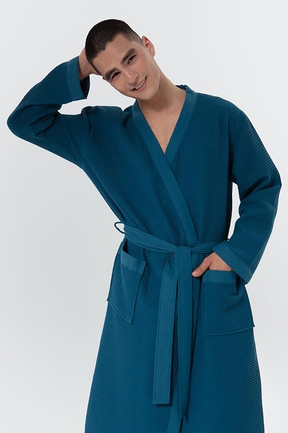 SEYANTE Turkish Cotton Waffle Robe for Men – Organic GOTS Certified Spa Bathrobe, Lightweight Kimono, Soft Cotton Bathrobe