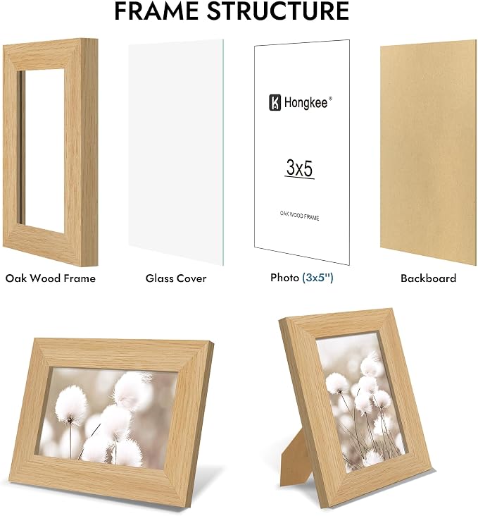 Hongkee 3x5 Oak Wood Picture Frame (1 Pack, Natural) with Real Glass Cover | Solid Wood 3 x 5 Small Frame for Wall or Tabletop Display - Includes Easel Back, Vertical Hang - Ideal for Home, Office