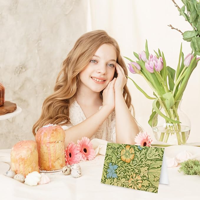 Whaline 40 Packs William Morris Greeting Cards with Envelopes Stickers Vintage Greenery Stationery Card Green Leaves Flower Blank Note Cards for Birthday Baby Shower Party Supplies, 4 x 6 Inch