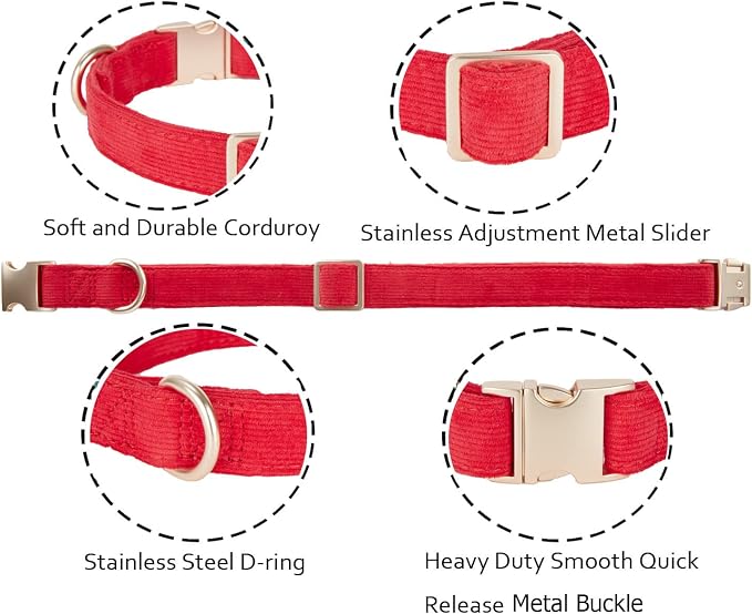 Soft Cotton Dog Collar with Metal Buckle Adjustable Heavy Duty Comfy Corduroy Collars for Small Medium Large Dogs,Red,Medium