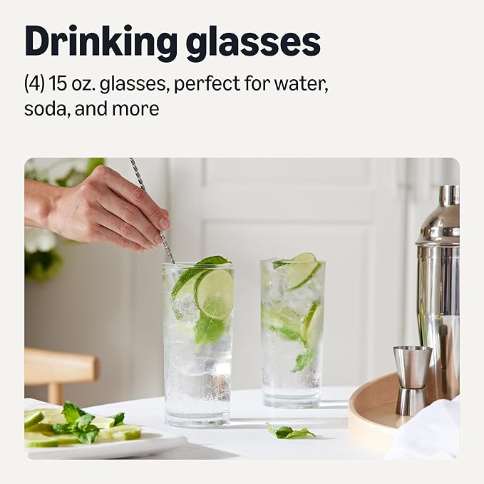 Amazon Basics Drinking Glasses, Dishwasher-Safe, 15 oz., 4-Piece Set