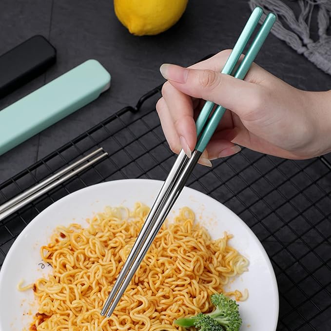 Portable Metal Chopsticks for Travel,Bento Box,Black Blue Green Pink,9'' | Reusable,Stainless Steel, Dishwasher Safe, With Case for Camping, Travel, Bento Box, Alternative to Wooden