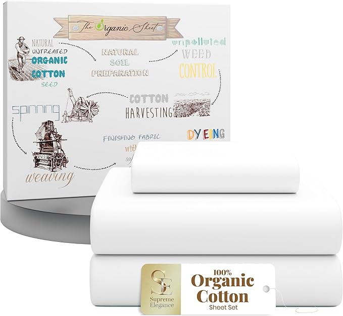 Supreme Elegance 100% Organic Cotton Twin Sheet Set, 3 Pieces Cotton Percale Bed Sheets Set, Includes 16 Inches Deep Pocket Fitted Sheet - Cooling, Crisp, Breathable & Brushed for Softness, Snow White