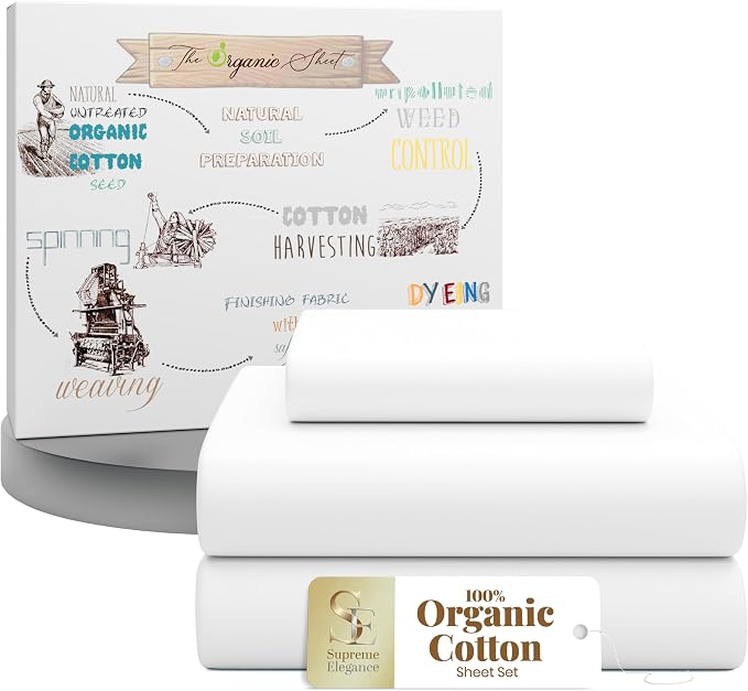 SUPREME ELEGANCE 3Pc 100% Organic Cotton Twin Bed Sheets Set, Snow White, Cooling Percale, Deep Pocket Fitted Sheet, Fits 14" Mattresses, Breathable Bed Sheets & Pillowcases Set, Crisp Bedding