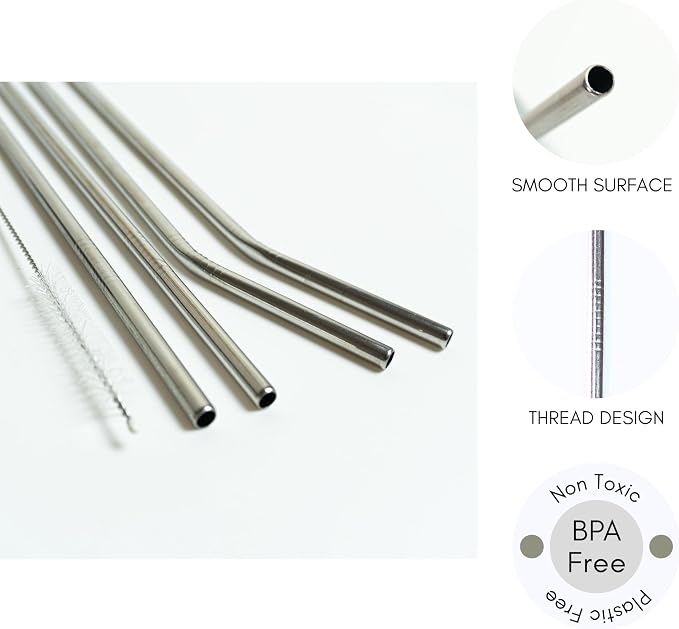 MEEZO Eco-Friendly Stainless Steel Drinking Resuable Straws with Cleaning Brush, 8.5 INCH * 0.24 IN - Durable and Safe for Hot & Cold Drinks – Ideal for Smoothies, Iced Coffee, Juice, – Set of 5