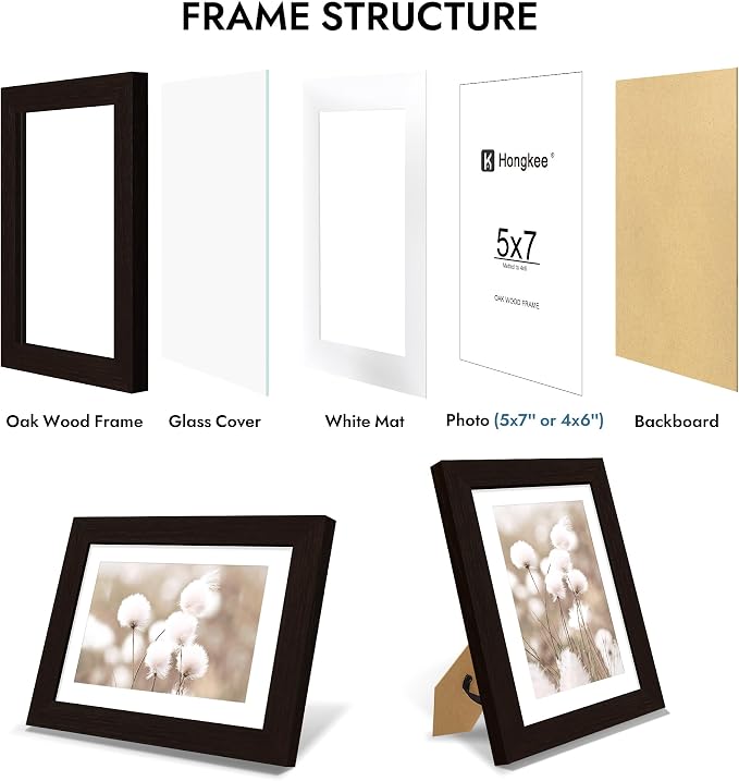Hongkee 5x7 Oak Wood Picture Frame 1 Pack(Matted 4x6), Real Glass Cover | Black, 5 x 7 Solid Wood Frame for Wall or Tabletop Display - Includes Easel Back, Vertical Hang - Ideal for Home, Office