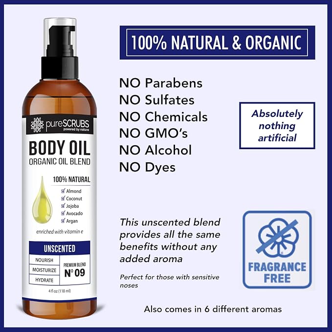 pureSCRUBS Ultra Moisturizing Unscented Body Oil for Dry Skin, 4 oz | Fragrance Free, After Shower Body Oil for Buttery Soft Glowing Skin, Non-Greasy Vitamin E Blend for Bath, Massage & Cuticles