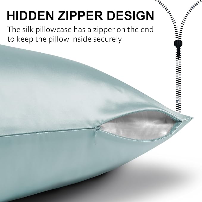 Ravmix Silk Pillow Cases with Zipper, 21momme Mulberry Silk Pillowcase for Hair Skin Health, Soft Smooth Breathable Cool Pillow Cover for Beauty Sleep with Gift Box 1PC(Queen 20"x30", Aqua Green)