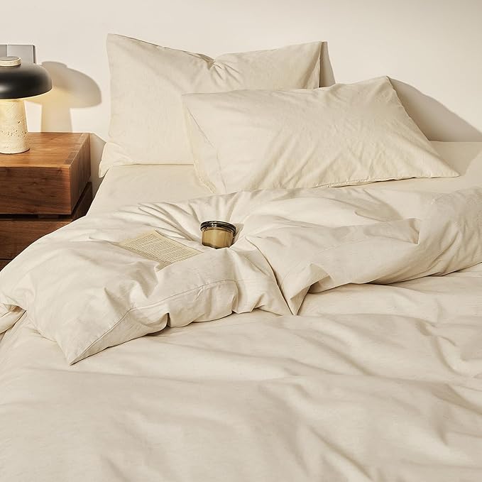 mixinni 3 Piece Washed Cotton Linen Blend Duvet Cover Set Queen Size, Soft Breathable Farmhouse Beige Neutral Solid Duvet Cover with Natural Linen Texture, 90x90 inches with 2 Pillowcases