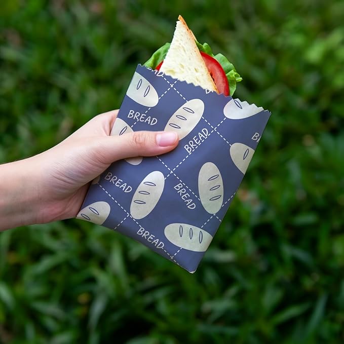 Reusable Beeswax Wraps, 9 Pack Eco-Friendly Food Covers, Organic, Sustainable, Zero Waste, Plastic-Free, For Sandwich, Snack, Bowl, 1XL, 3M, 5S, Assorted Blue & White Bread Bakery Pattern