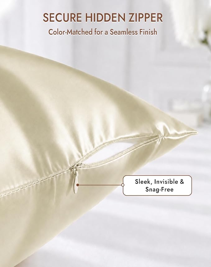 SilkSilky 100% Pure Organic Mulberry Silk Pillowcase for Hair & Skin, Both Sides Grade 6A Pillow Cases with Hidden Zipper, Breathable Cooling Silk for Beauty Sleep (Standard 20''x26'', Beige)