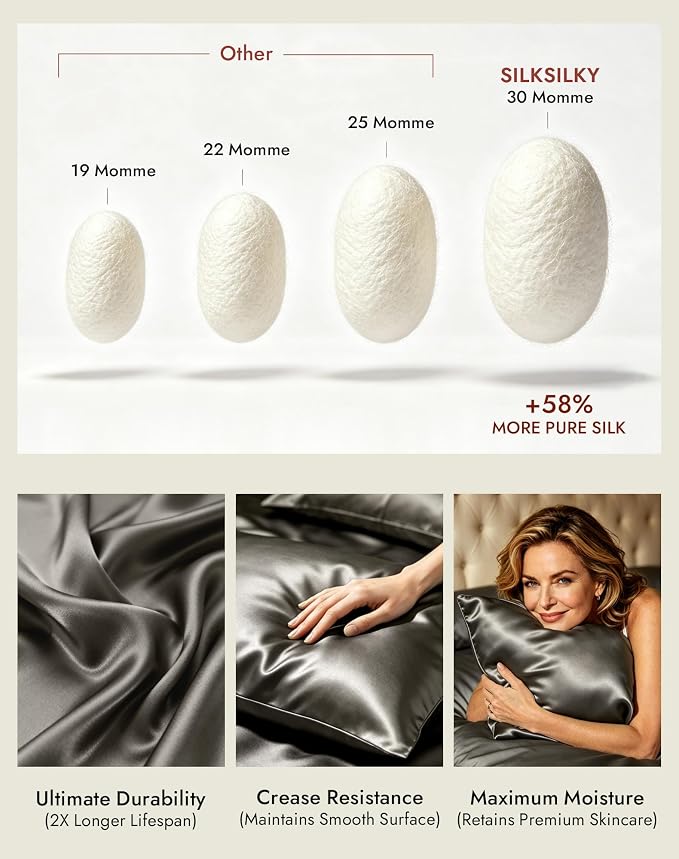SilkSilky Luxury 30 Momme 100% Pure Organic Mulberry Silk Pillowcase for Hair & Skin, Grade 6A+ Silk Pillow Cases with Hidden Zipper, Cooling Silk for Deep Sleep (King 20''x36'', Darkgray)