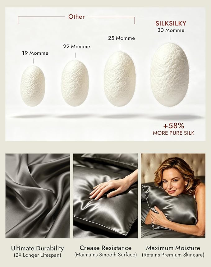 SilkSilky Luxury 30 Momme 100% Pure Organic Mulberry Silk Pillowcase for Hair & Skin, Grade 6A+ Silk Pillow Cases with Hidden Zipper, Cooling Silk for Deep Sleep (Queen 20''x30'', Darkgray)