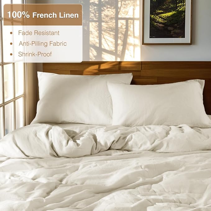 SONORO KATE 100% French Linen Duvet Cover King Size, Soft Breathable for Hot Sleepers, Moisture Wicking & Durable Cover Set - Zipper Closure & 4 Corner Ties Duvet Covers 3 Piece (Cream,King)