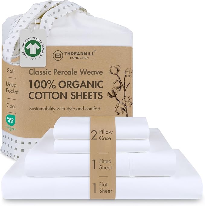 Threadmill 100% Organic Cotton Sheets for Queen Size Bed | GOTS Certified - Percale Sheets Queen - Soft Cooling Sheet - Deep Pockets | 4 Piece Set