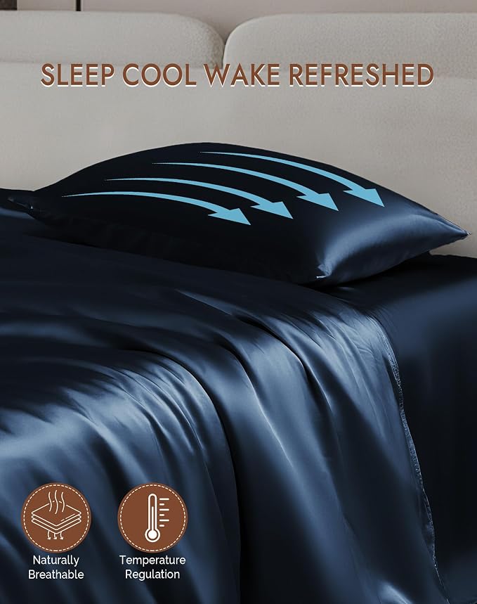 SilkSilky 100% Mulberry Silk Pillowcase - Pure 22 Momme High-Grade 6A Fibers for Hair & Skin, Hidden Zipper, Natural, Organic, Breathable & Cooling Pillow Case (Queen 20''x30'', DarkBlue)