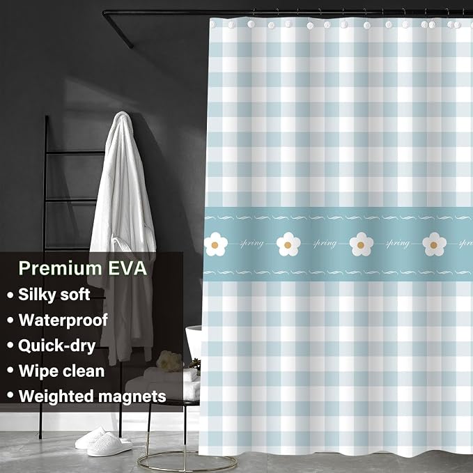 Plastic Shower Liner - Premium EVA 5G Shower Curtain Liner with Rustproof Grommets and 3 Weighted Magnets, Waterproof Shower Curtain for Bathroom(Checkered Flower, 72”*72”)