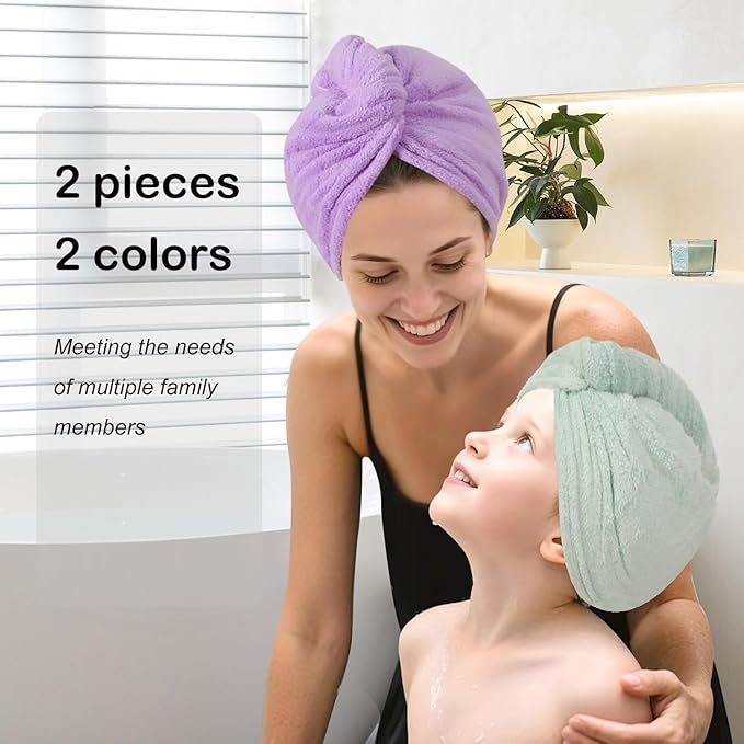 Microfiber Hair Drying Towel Wrap for Women, Hair Turbans Towel for Wet Hair,turbie Twist Hair Towels(The Color of the Picture is for Reference only) (Purple,Light Green)
