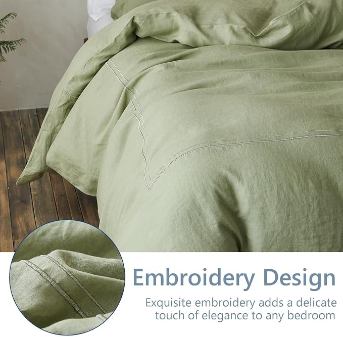 Simple&Opulence 100% Washed Linen Duvet Cover Set 78"x86" - 3 Pieces Soft Farmhouse Comforter Set Double Embroidered with Button Closure - 1 Duvet Cover and 2 Pillowshams (Sage Green, Full)