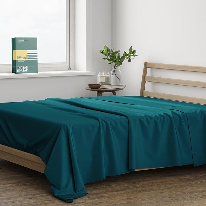 THREAD SPREAD 100% Organic Cotton King Flat Sheet - Percale Weave Cotton Flat Sheet Only (1 PC, Teal), Crisp, Cool, Strong & Breathable Lightweight Bed Linen Top Sheets, GOTS Certified Sheets