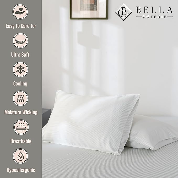 Bella Coterie | Luxury Bamboo Viscose Queen Size Pillowcase Set | 100% Organically Grown | Ultra Soft | Cooling | 2 Pcs [Striped Coastal Blue]
