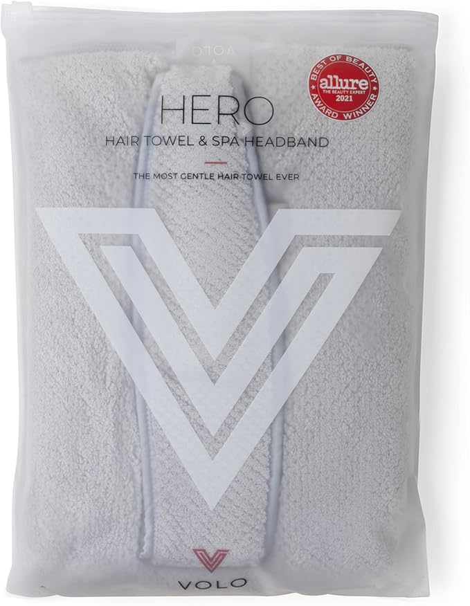 VOLO Hero Hair Towel + Facial Spa Headband for Women | Wrap Towel + Headband for Washing Face & Makeup | Ultra-Soft, Fast Drying, Anti-Frizz Nanoweave Fabric | Reusable Package (Luna Gray)