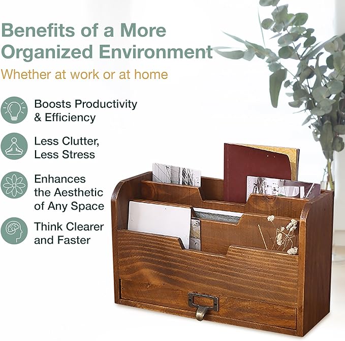 Rustic Wooden Desk Organizer - Vertical File Sorter with 3 Compartments & 1 Paper Tray Drawer - Mahogany Wood