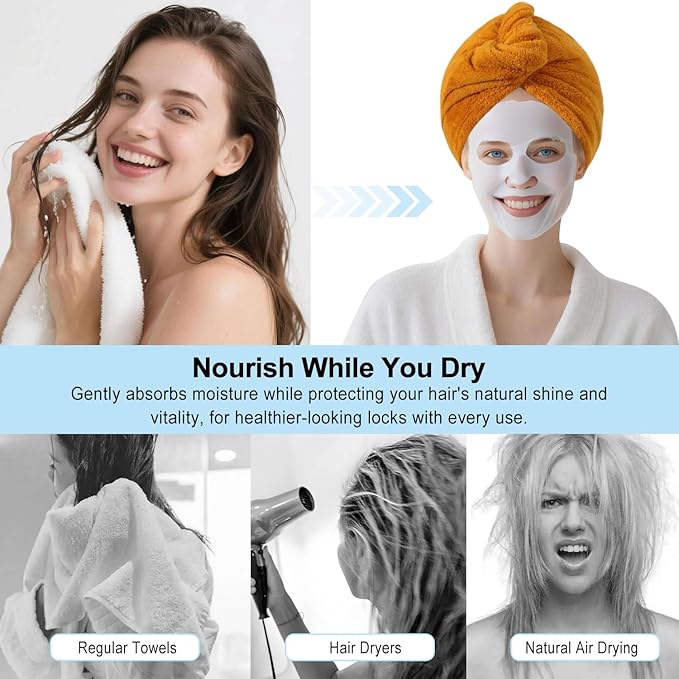 Microfiber Hair Drying Towel Wrap for Women, Hair Turbans Towel for Wet Hair,turbie Twist Hair Towels(The Color of the Picture is for Reference only) (Apricot Yellow,Apricot Yellow)