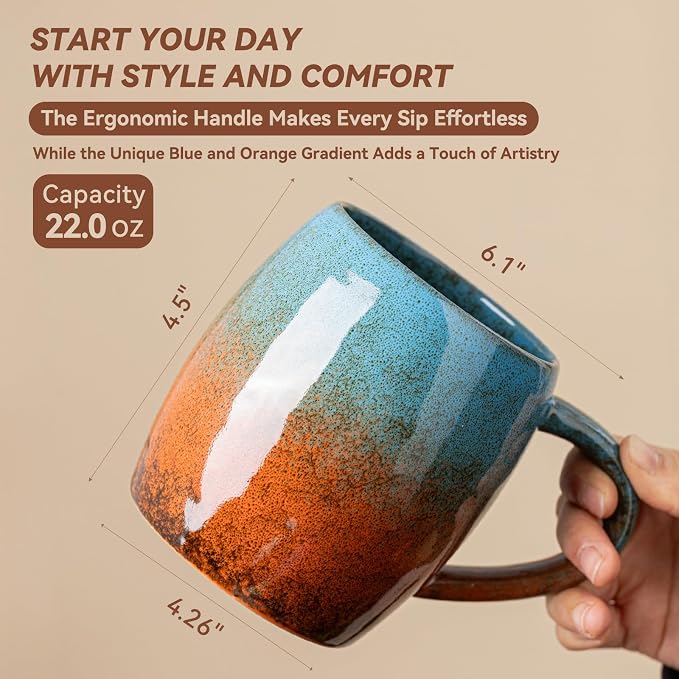 Handmade 22oz Ceramic Coffee Mug, Ergonomic Large Handle, Ideal Gift for Coffee Lovers, Microwave & Dishwasher Safe (Minute-Blue&Orange)