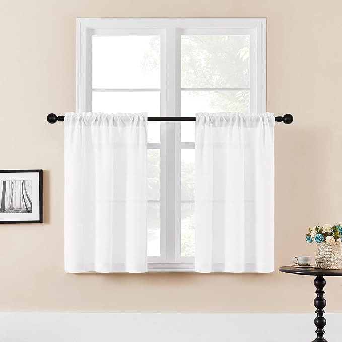 White Linen Kitchen Curtains 36 Inches Long for Small Window Dual Rod Pocket Semi Sheer Drapes Privacy Light Filtering Short Curtains 36 Inch Length for RV Campers W25xL36 Set of 2