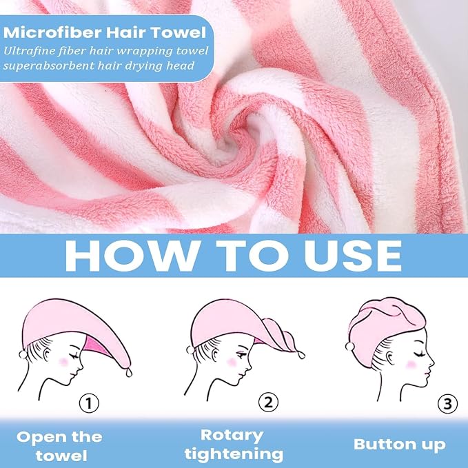 3 Pack Microfiber Hair Towel Wrap for Women, Fast Drying Hair Turban with Button, Anti-Frizz Large Hair Towel for All Hair Styles, Soft & Absorbent Hair Drying Towel