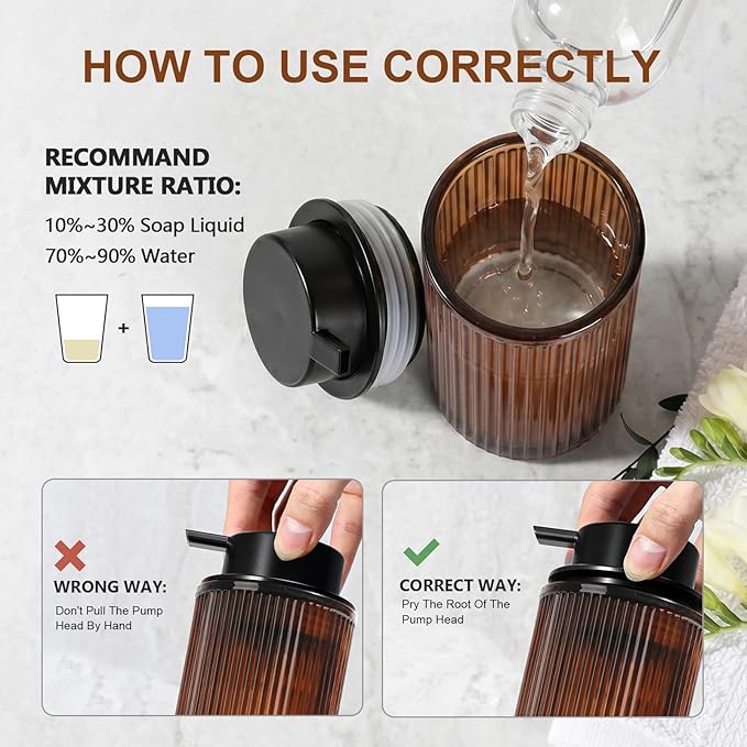 KASUNTING Amber Glass Foaming Soap Dispenser, Ribbed Foam Hand Soap Dispenser for Bathroom, 11 Fl Oz 2 Pack Refillable Foaming Pump Bottle with Black Pump, Modern Dish Soap Foam Dispenser