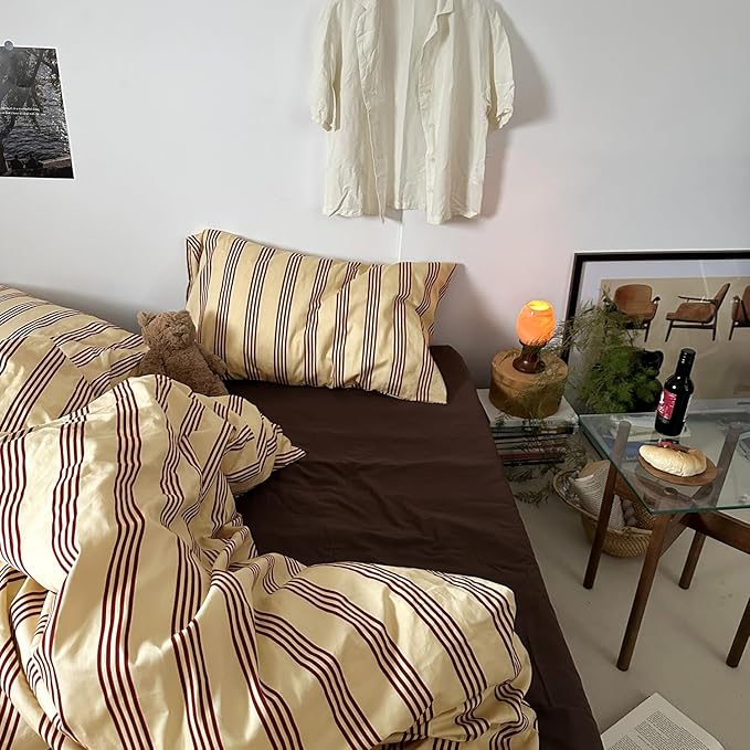 mixinni Retro Striped Duvet Cover Set King - 100% Natural Cotton 3-Piece Vintage Red Stripes Pattern Printed Bedding Set, Soft Breathable Comforter Cover with Zipper Closure & Corner Ties, King Size