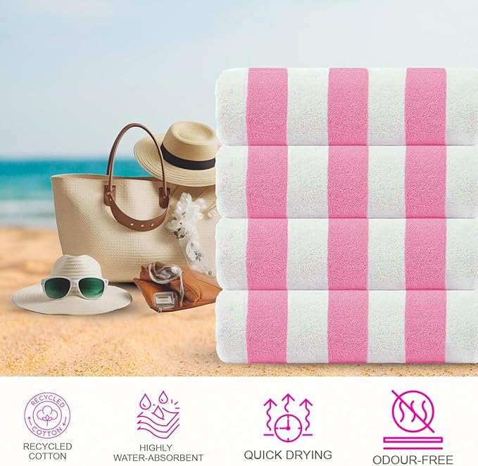 CASA COPENHAGEN Cabana Beach Towel Designed in Denmark Rough and Tough, Quick Dry, Beach, Pool, Bath & Shower 30x60 inches 4 Pieces Cotton Beach Bath Towels Set - Pink