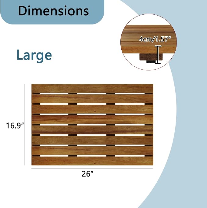 26"x16.9" Solid Acacia Wood Shower Mat, Non Slip Wooden Bath Mat, Indoor Outdoor Entryway Door Mat Multi-Purpose Plant Stand for Shower Bathtub Pool Spa Garden (Large)