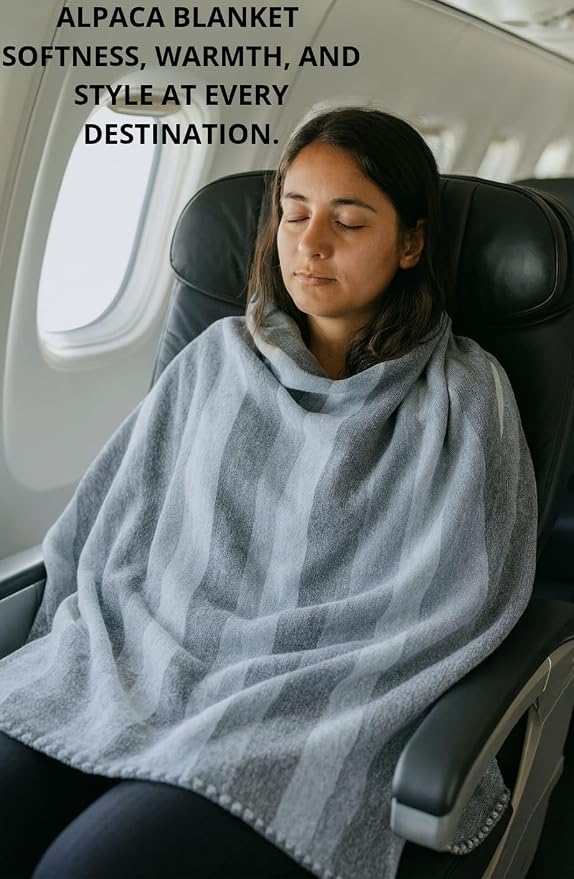 Alpaca Wool Throw Blanket, Grey Striped, 65 x 48 | Cozy, Ultra-Soft, Naturally Warm, Lightweight & Breathable, Non-Itchy