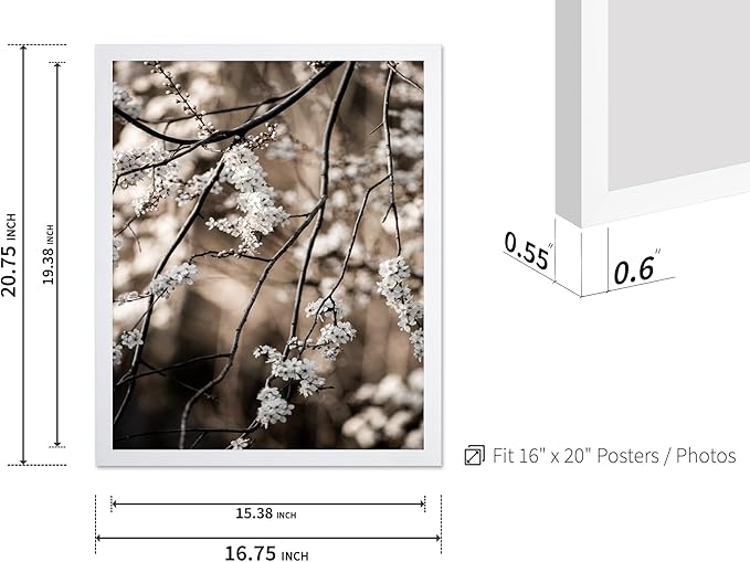 Monem Art Cherry Blossom Branch Photography Print - Moody Botanical Nature Art Poster - Wall Decor for Living Room, Bedroom or Office - 16x20 White Framed Wall Art by Mareike Bohmer