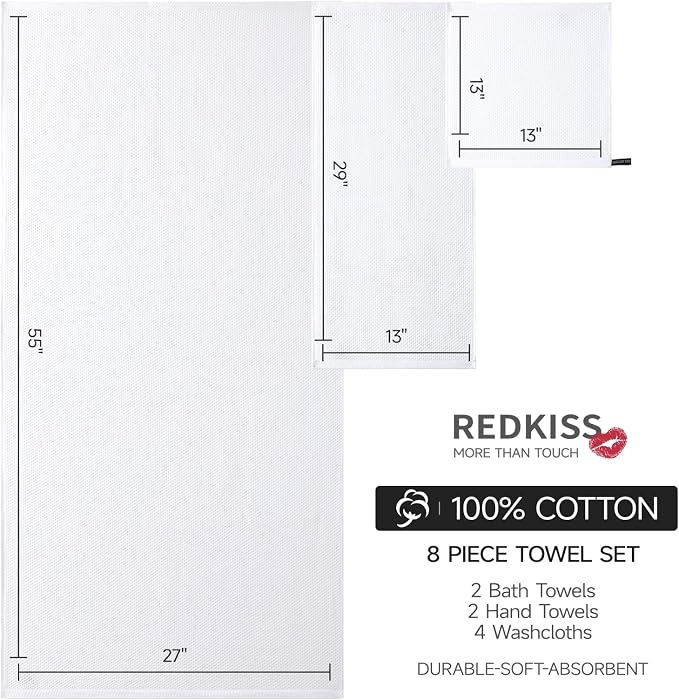 REDKISS Quick Dry Waffle Towel Set of 8, 100% Cotton,Lightweight & Highly Absorbent Waffle Towels for Bathroom, Spa, Gym, Pool-2 Bath Towels, 2 Hand Towels & 4 Washcloths,White