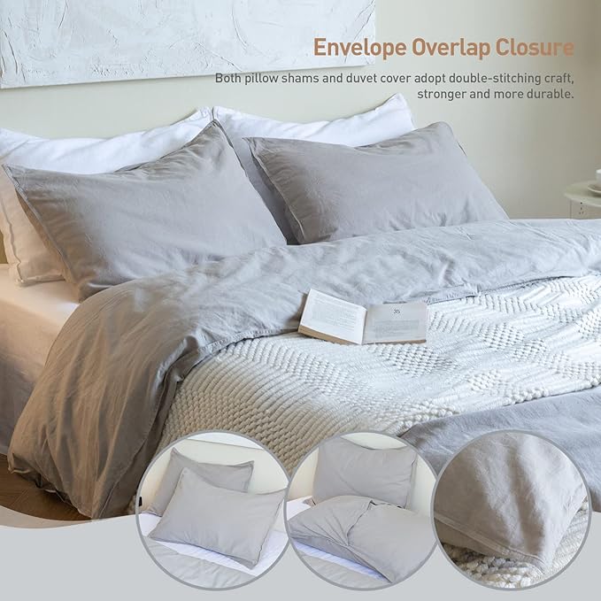 BISELINA French Linen Duvet Cover Set 2pcs with Hidden Zipper Closure Natural Flax Cotton Blend Solid Color Soft Breathable Luxury Farmhouse Bedding - Twin Size, Grey