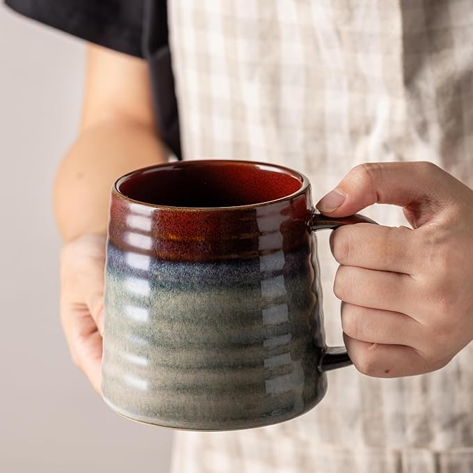 15.5 Oz Large Reactive Glaze Ceramic Mug, Heavy Weighted Stoneware Coffee Cup, Wide Base, Thick Wall Big Tea Cup with Custom Package Box, Microwave & Dishwasher Safe (Black Red)