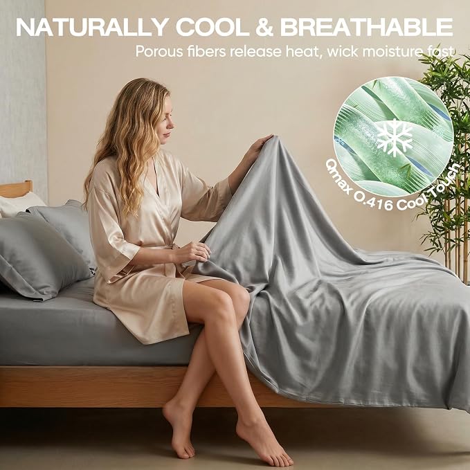 TWK Real 100% Viscose Derived from Bamboo Sheets Set Full Size for RV Camper, Cooling & Silky Soft for Hot Sleeper, Luxury with Breathable Fabric, 18" Deep Pocket with Corner Straps (Gray, Full)