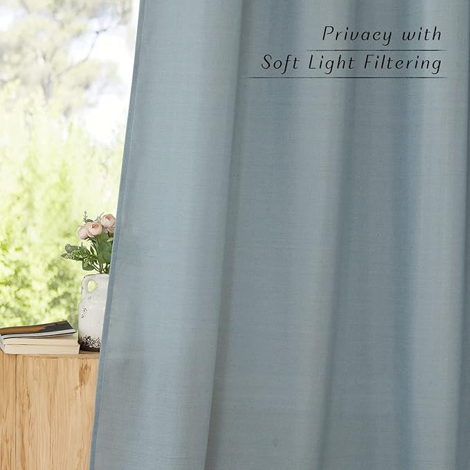 NICETOWN Linen Blend Stone Blue Curtains 96 inches Long, Rod Pocket & Back Tab Light Filtering Semi Sheer Window Treatments Privacy Added Drapes for Bedroom, W55 x L96, 2 Panels