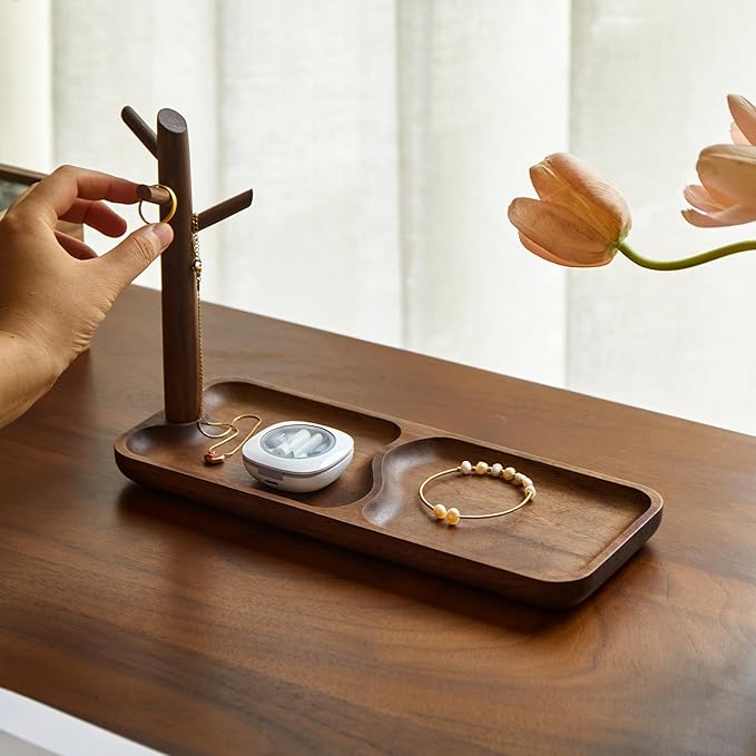 Black Walnut Solid Wood Key Dish Bowl for Entryway Table Square Tray With 3 Hooks, Open Storage for Keys, Wallet, Jewelry (Walnut, Rectangle)