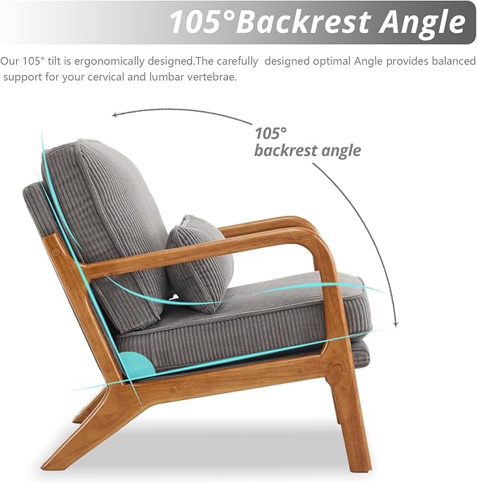 Karl home Mid-Century Modern Accent Reading Chair, Grey | Corduroy Upholstered, Solid Wood Frame, Soft Cushion, Lumbar Pillow, Lounge Armchair for Living Room, Bedroom, Balcony, Study