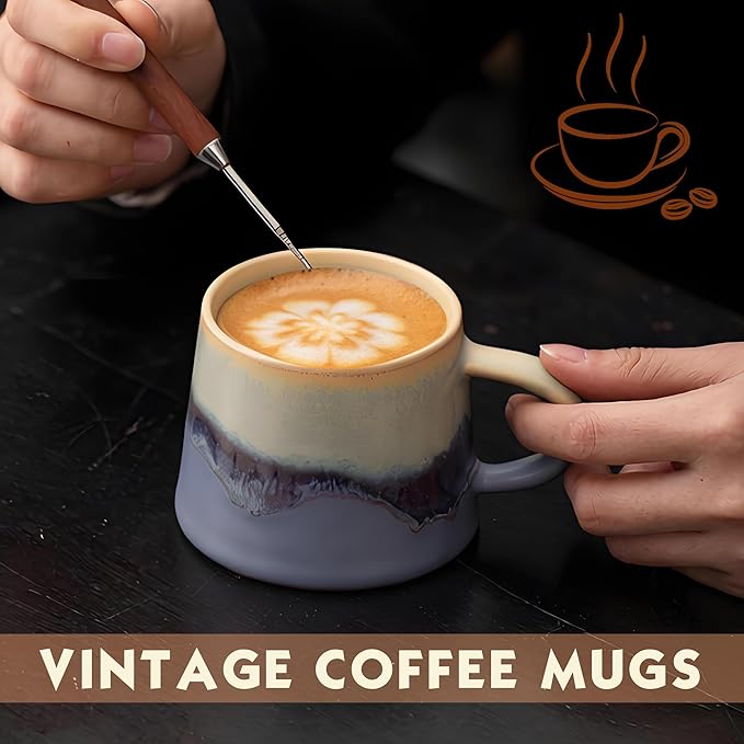 Vintage Coffee Mugs, 8 OZ Handmade Ceramic Coffee Mug with Handle, Pottery Coffee Cup for Morning Coffee, Tea & Latte, Lead-Free, Non-Toxic, Dishwasher & Microwave Safe for Home & Office.(Green)