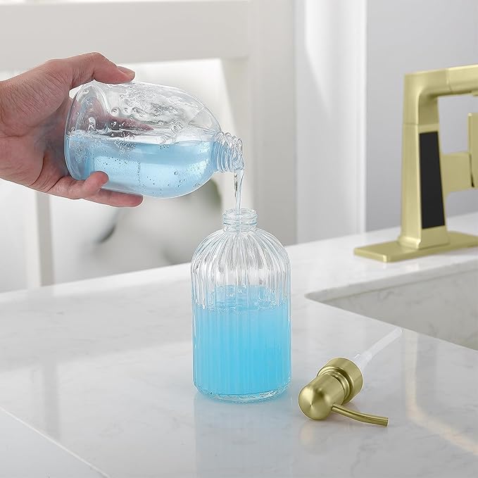Gold Refillable Glass Kitchen Soap Dispenser,16oz Bathroom Soap Dispenser with Vertical Strip,Golden 304 Stainless Steel Pump Head, Clear Thick Glass,for Modern Home Decor, Countertop, Hotel