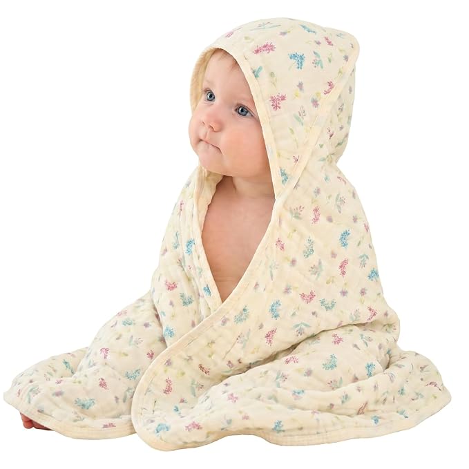 Muslin Baby Hooded Towel, Wildflower Floral, 32"x32" | 70% Organic Cotton & 30% Viscose from Bamboo, 6-Layer Fabric, Soft for Bath & Beach, Eco Kraft Gift Box