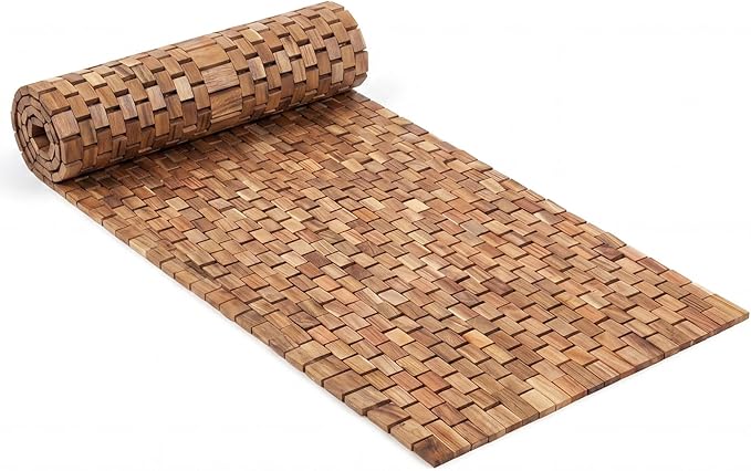 Junkin Teak Wood Bath Mat 47 x 17 Inch, Extra Long Non Slip Wooden Shower Mat for Bathroom, Teak Spa Accessory for Bathtub Area, Spa Home or Outdoor